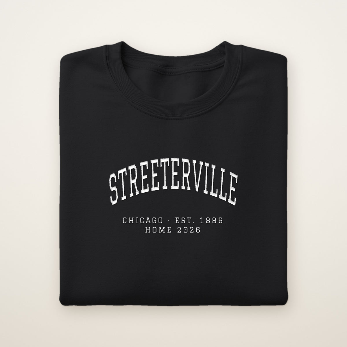 Streeterville Chicago Home 2026 Embroidered Crewneck — White Thread on Black