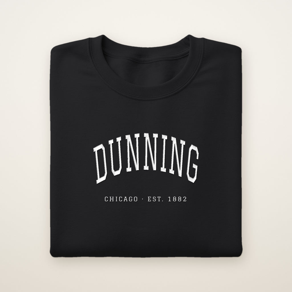 Dunning Chicago Embroidered Crewneck — White Thread on Black
