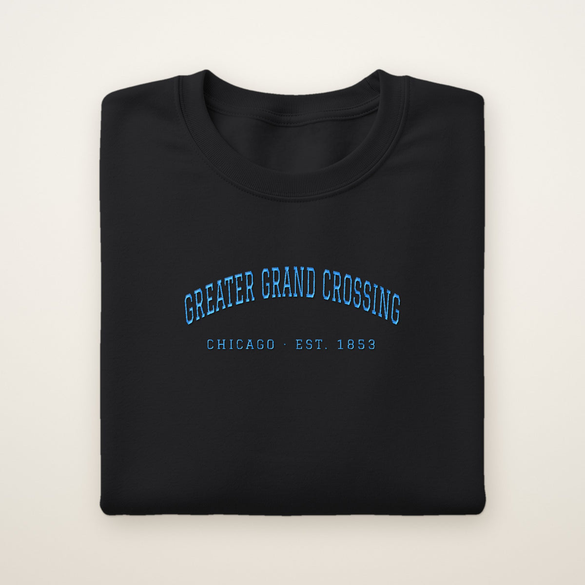 Greater Grand Crossing Chicago Embroidered Crewneck — Sky Blue Thread on Black