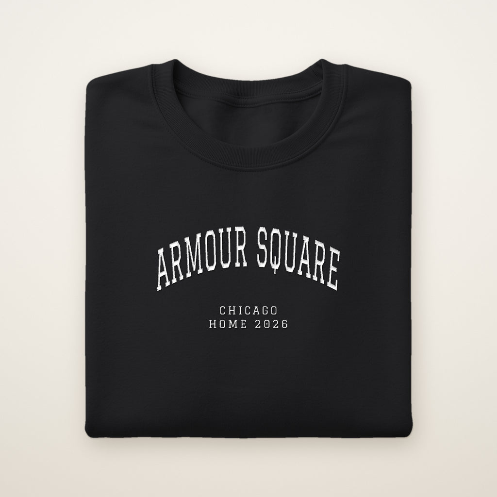 Armour Square Chicago Home 2026 Embroidered Crewneck — White Thread on Black