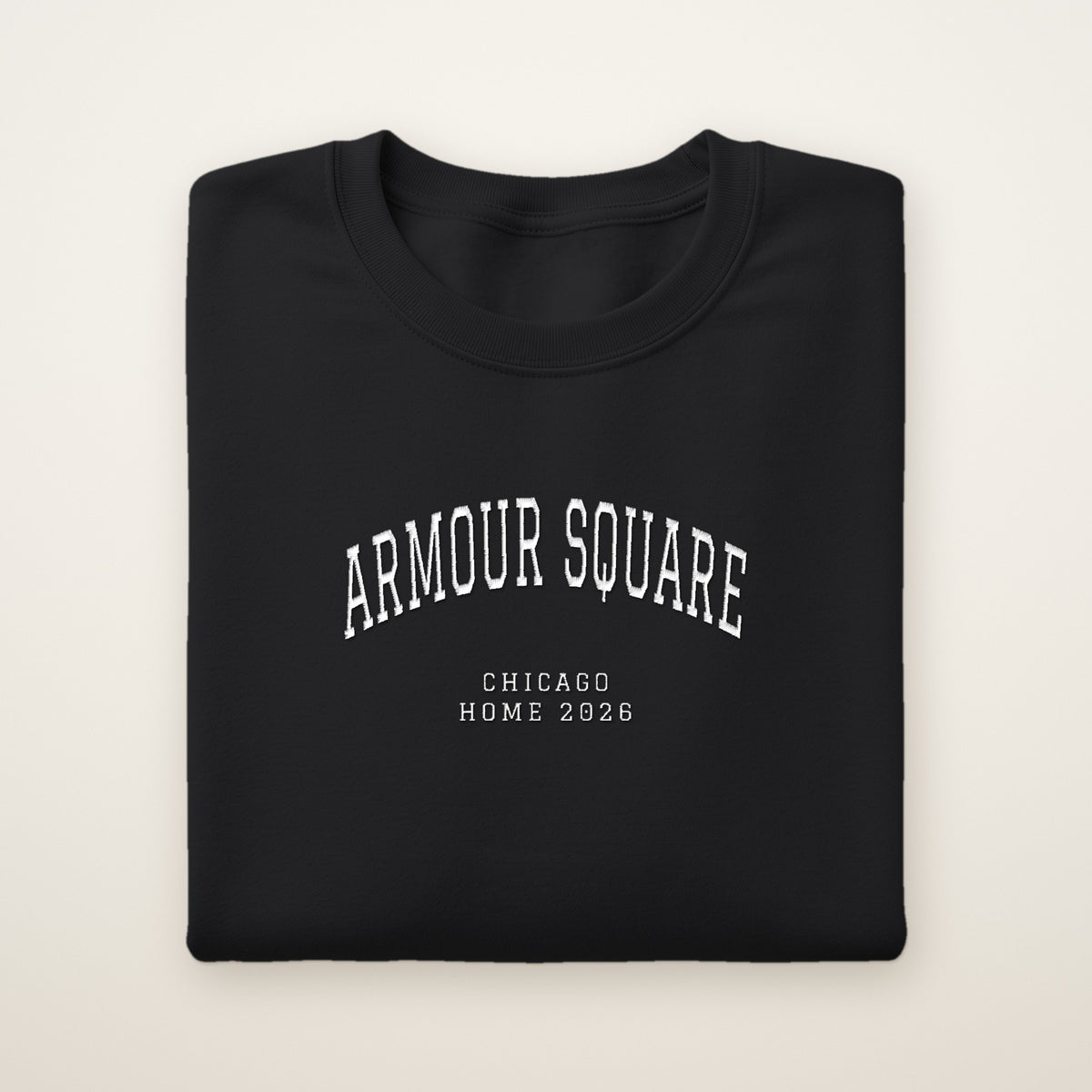 Armour Square Chicago Home 2026 Embroidered Crewneck — White Thread on Black