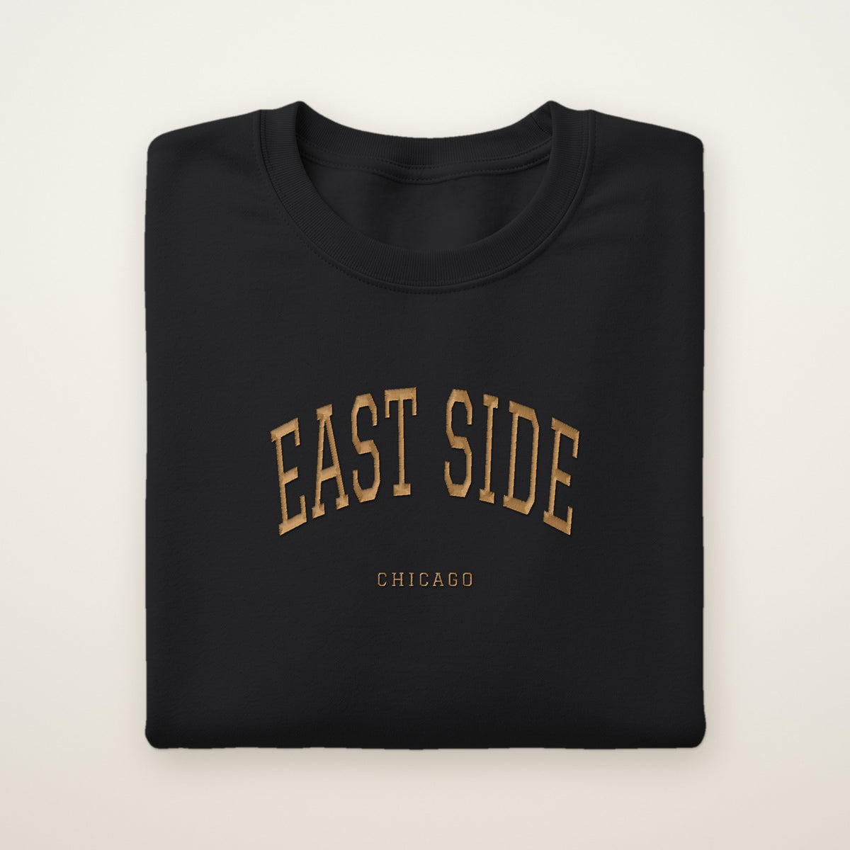 East Side Chicago Embroidered Crewneck — Gold Thread on Black