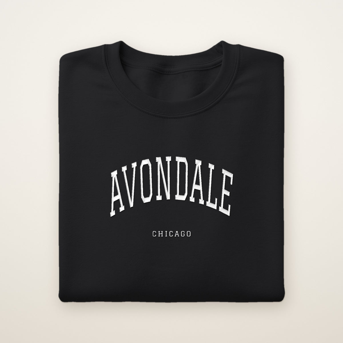 Avondale Chicago Embroidered Crewneck — White Thread on Black