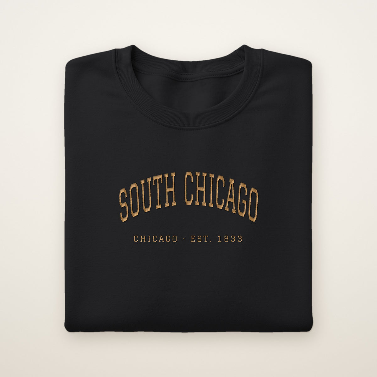 South Chicago Chicago Embroidered Crewneck — Gold Thread on Black