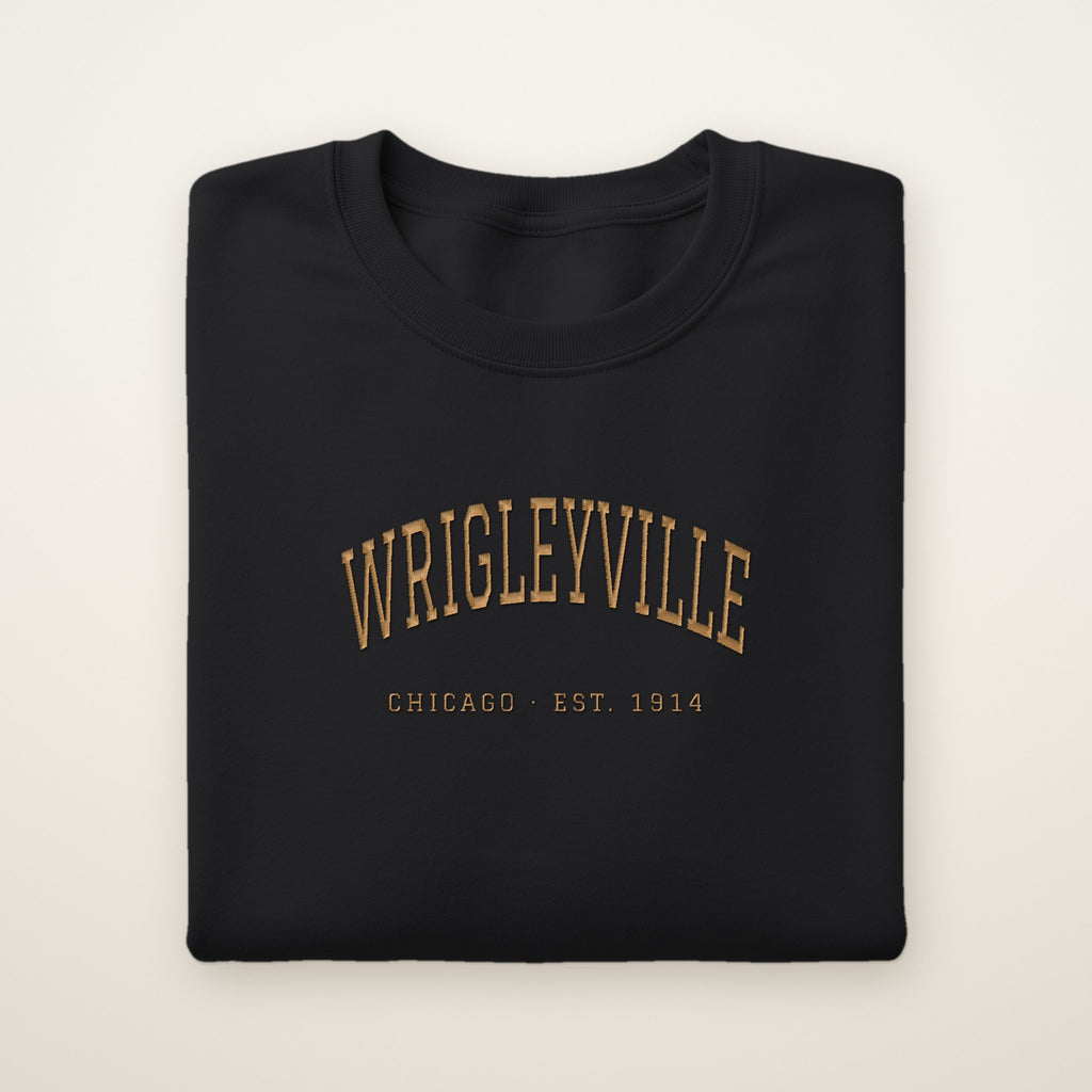 Wrigleyville Chicago Embroidered Crewneck — Gold Thread on Black