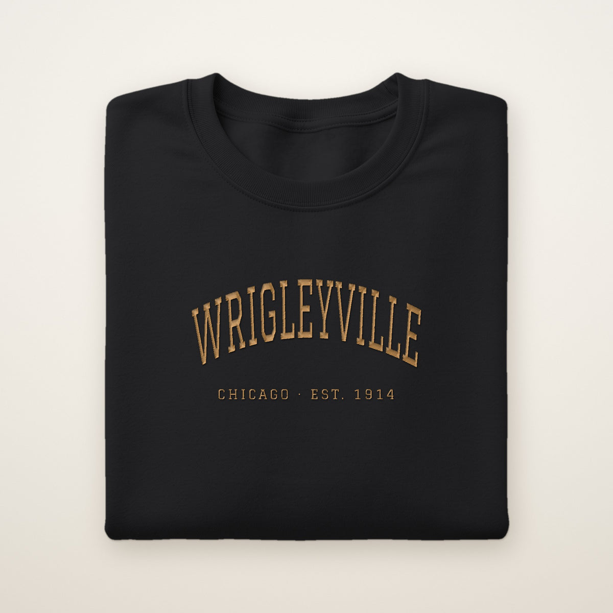 Wrigleyville Chicago Embroidered Crewneck — Gold Thread on Black