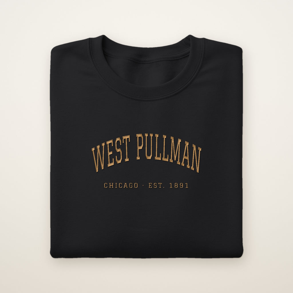 West Pullman Chicago Embroidered Crewneck — Gold Thread on Black