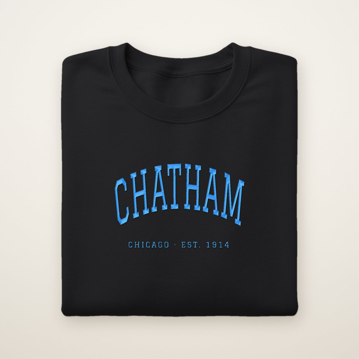 Chatham Chicago Embroidered Crewneck — Sky Blue Thread on Black