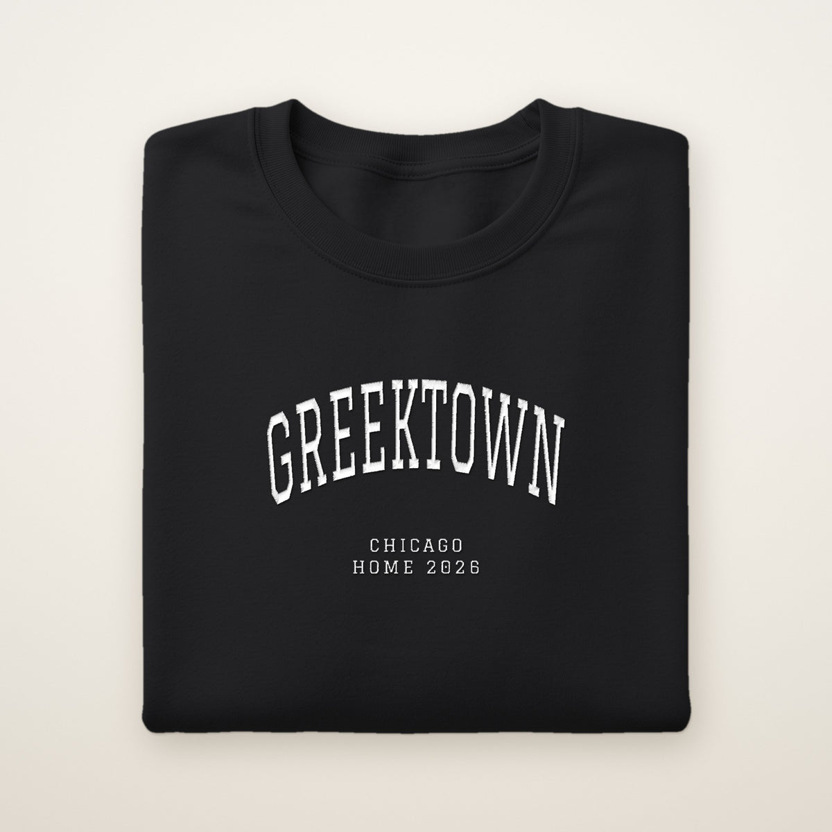 Greektown Chicago Home 2026 Embroidered Crewneck — White Thread on Black