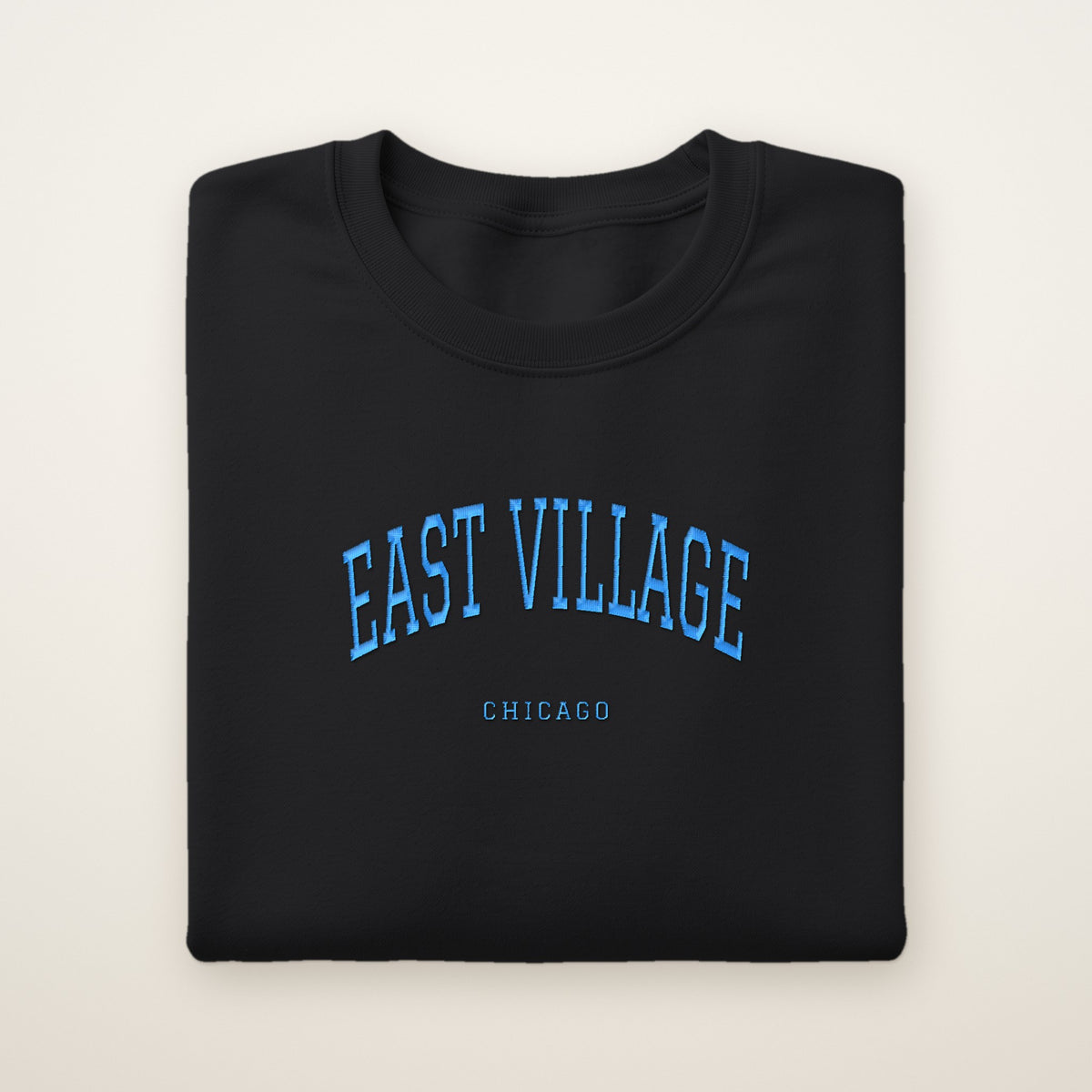 East Village Chicago Embroidered Crewneck — Sky Blue Thread on Black