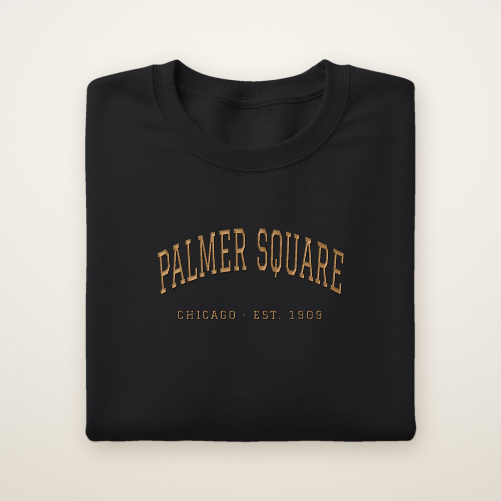 Palmer Square Chicago Embroidered Crewneck — Gold Thread on Black