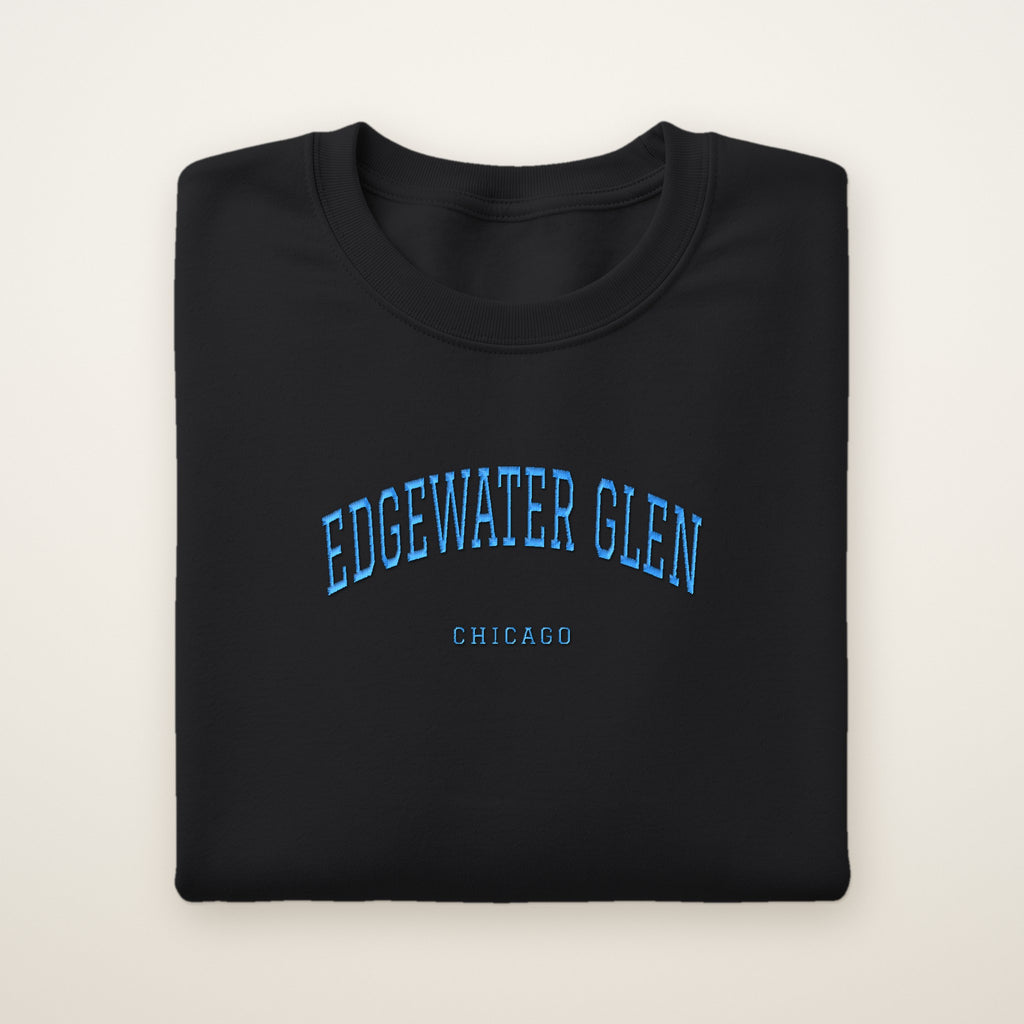 Edgewater Glen Chicago Embroidered Crewneck — Sky Blue Thread on Black