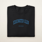 Edgewater Glen Chicago Embroidered Crewneck — Sky Blue Thread on Black
