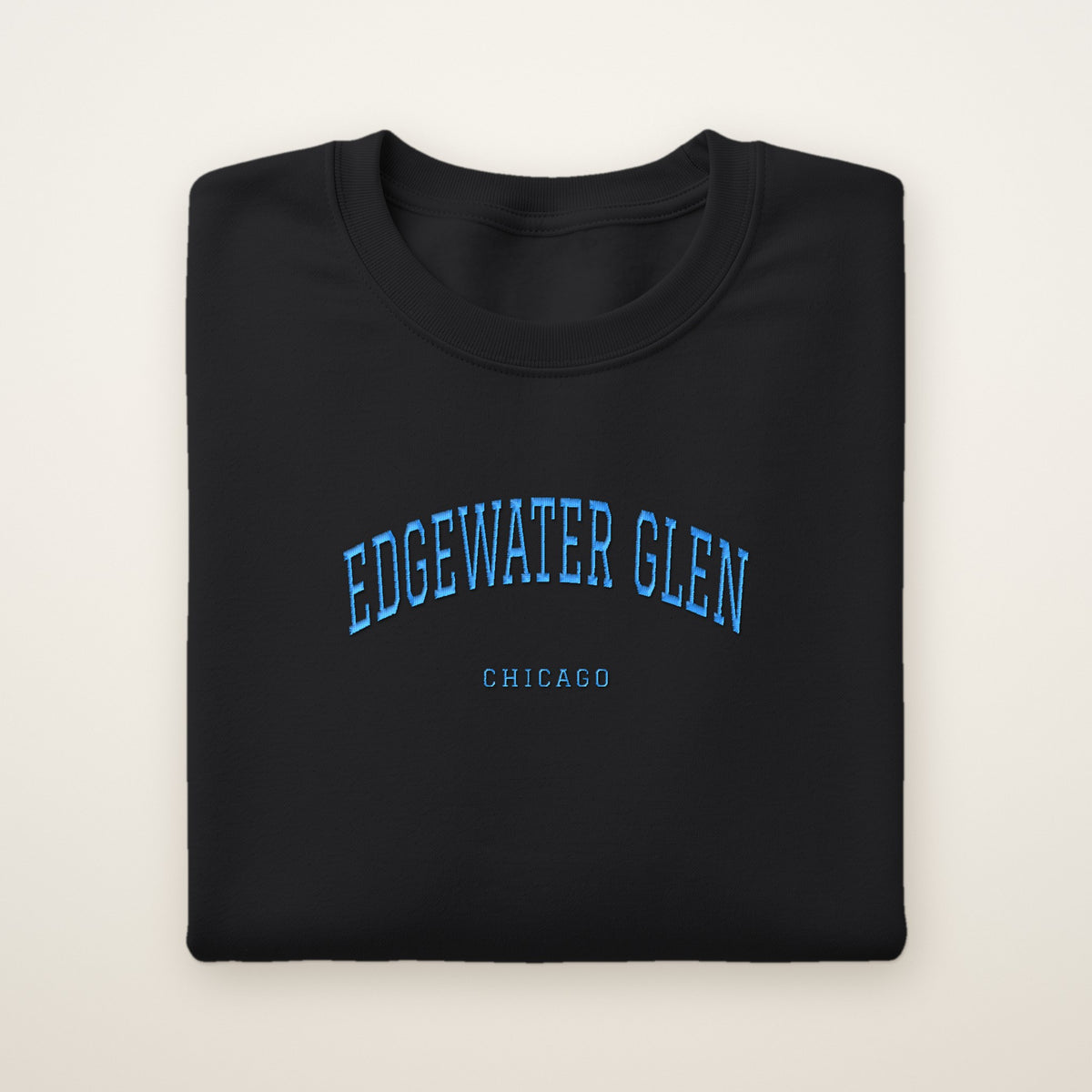 Edgewater Glen Chicago Embroidered Crewneck — Sky Blue Thread on Black