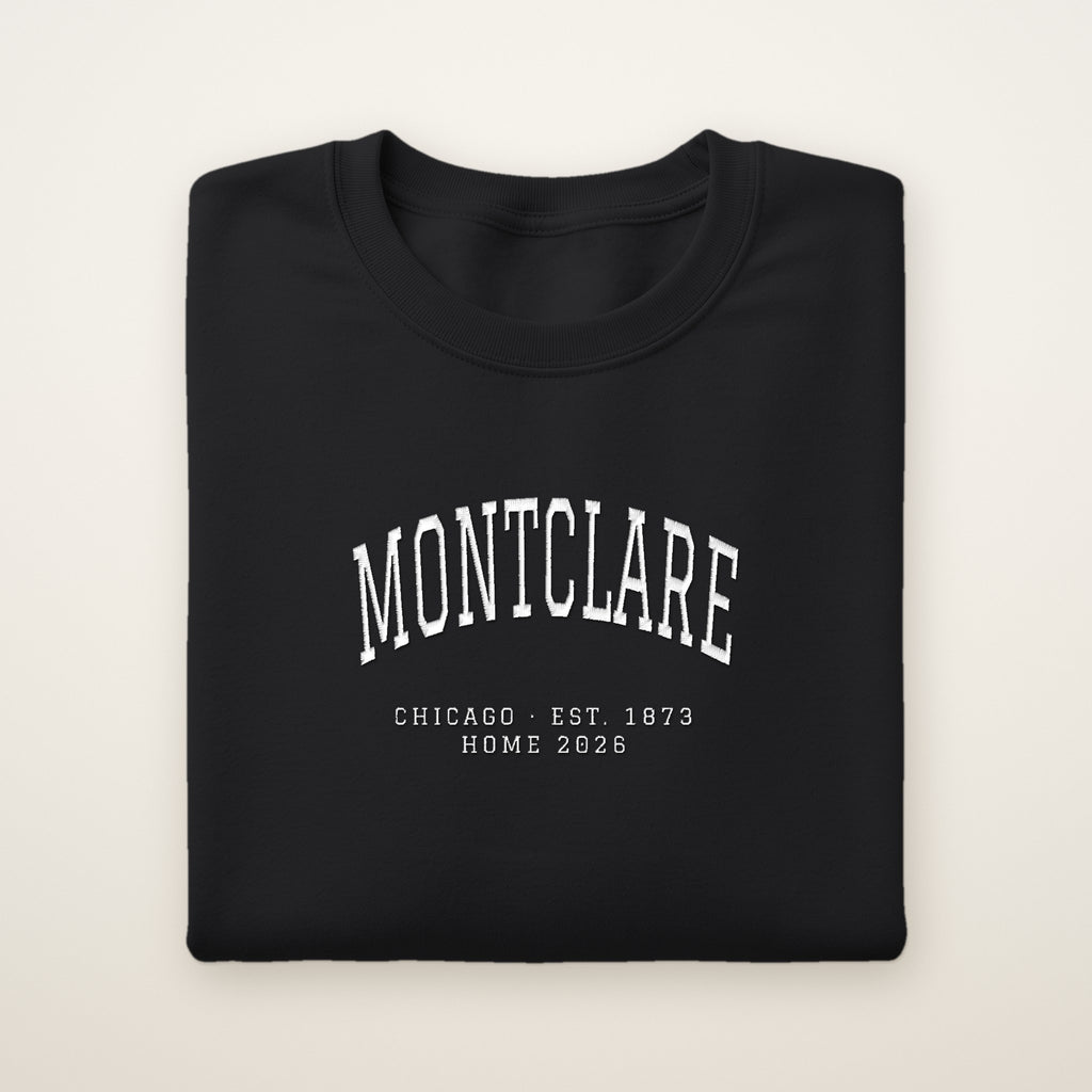 Montclare Chicago Home 2026 Embroidered Crewneck — White Thread on Black