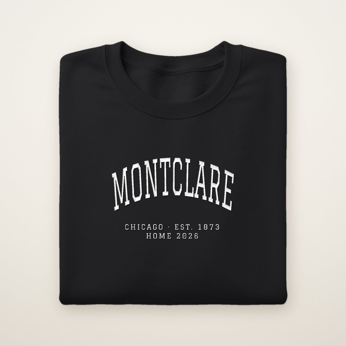 Montclare Chicago Home 2026 Embroidered Crewneck — White Thread on Black