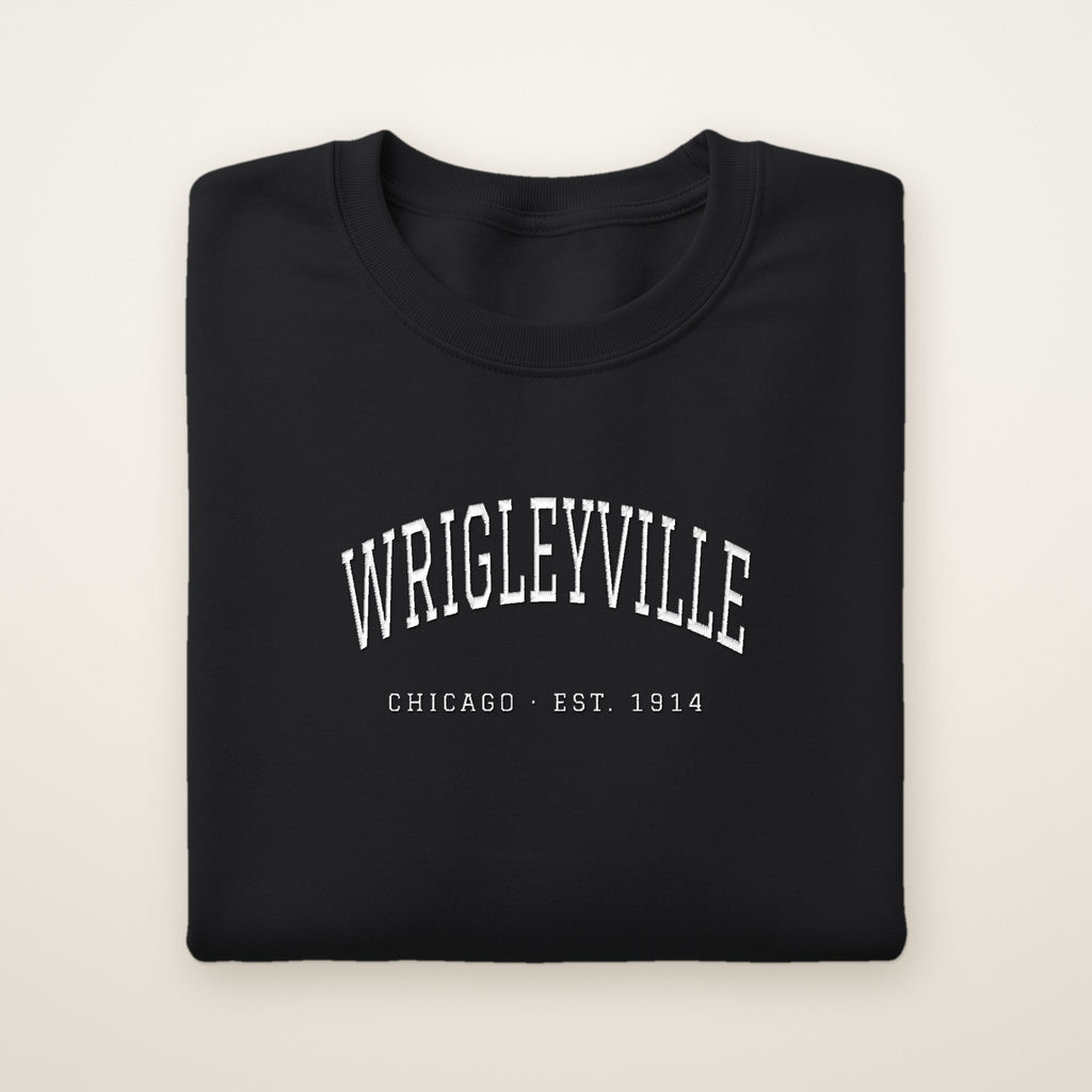 Wrigleyville Chicago Embroidered Crewneck — White Thread on Black