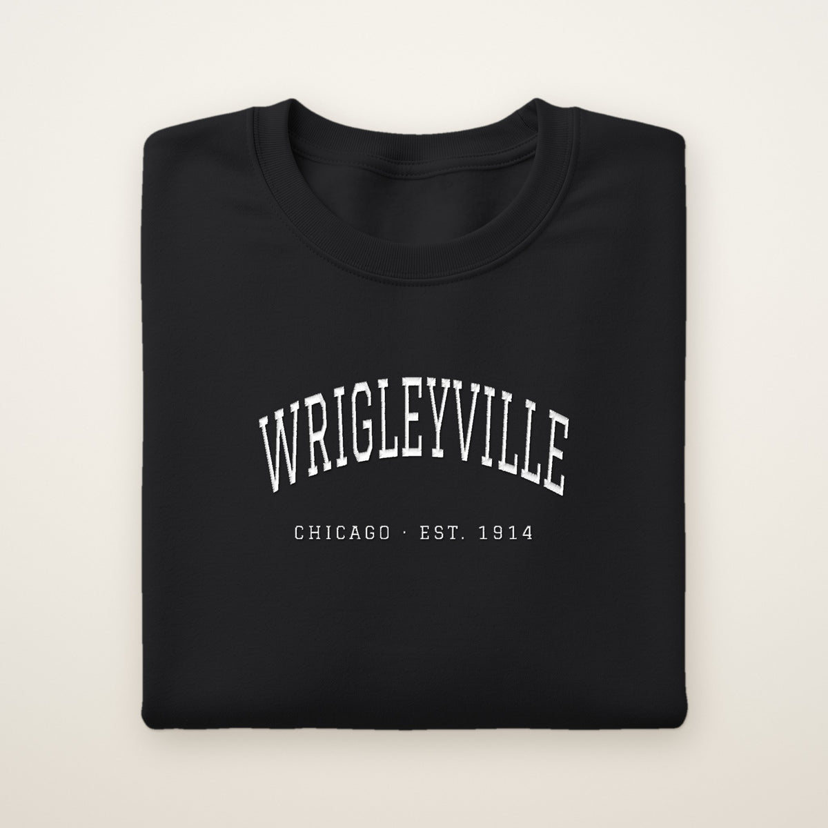 Wrigleyville Chicago Embroidered Crewneck — White Thread on Black