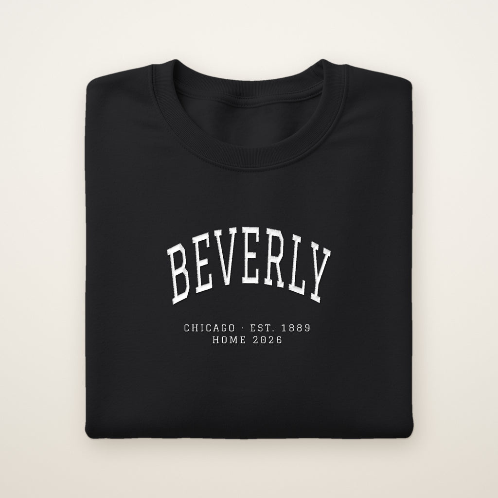 Beverly Chicago Home 2026 Embroidered Crewneck — White Thread on Black