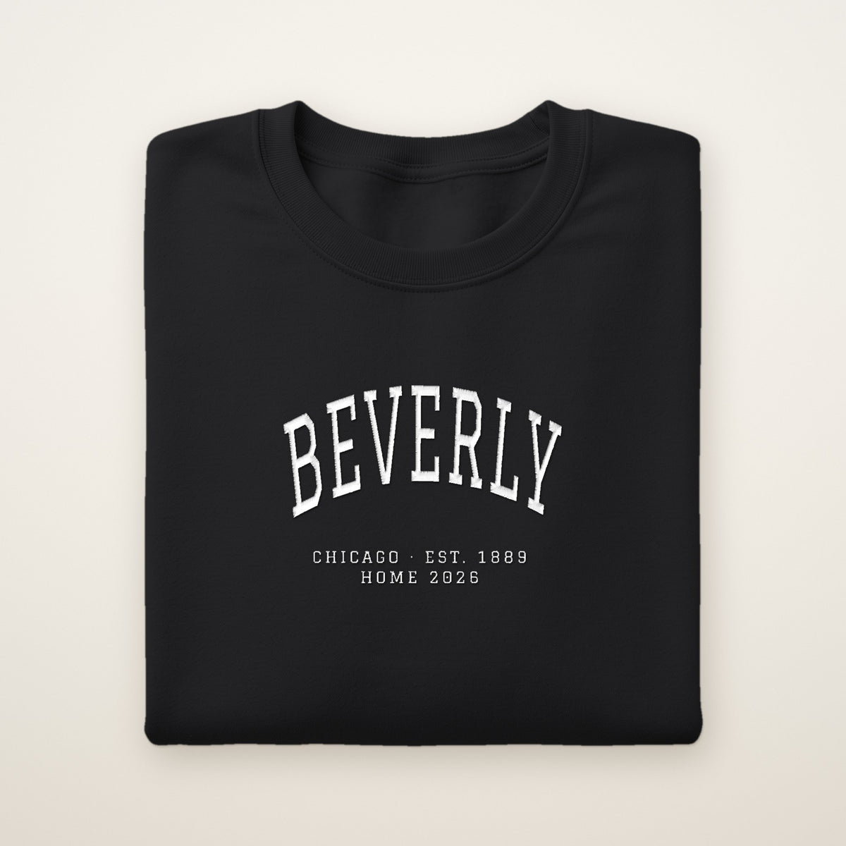 Beverly Chicago Home 2026 Embroidered Crewneck — White Thread on Black