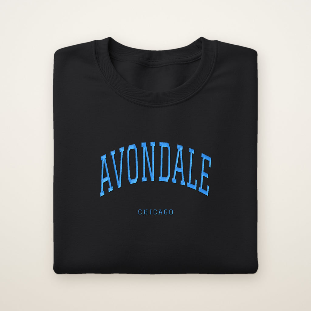 Avondale Chicago Embroidered Crewneck — Sky Blue Thread on Black