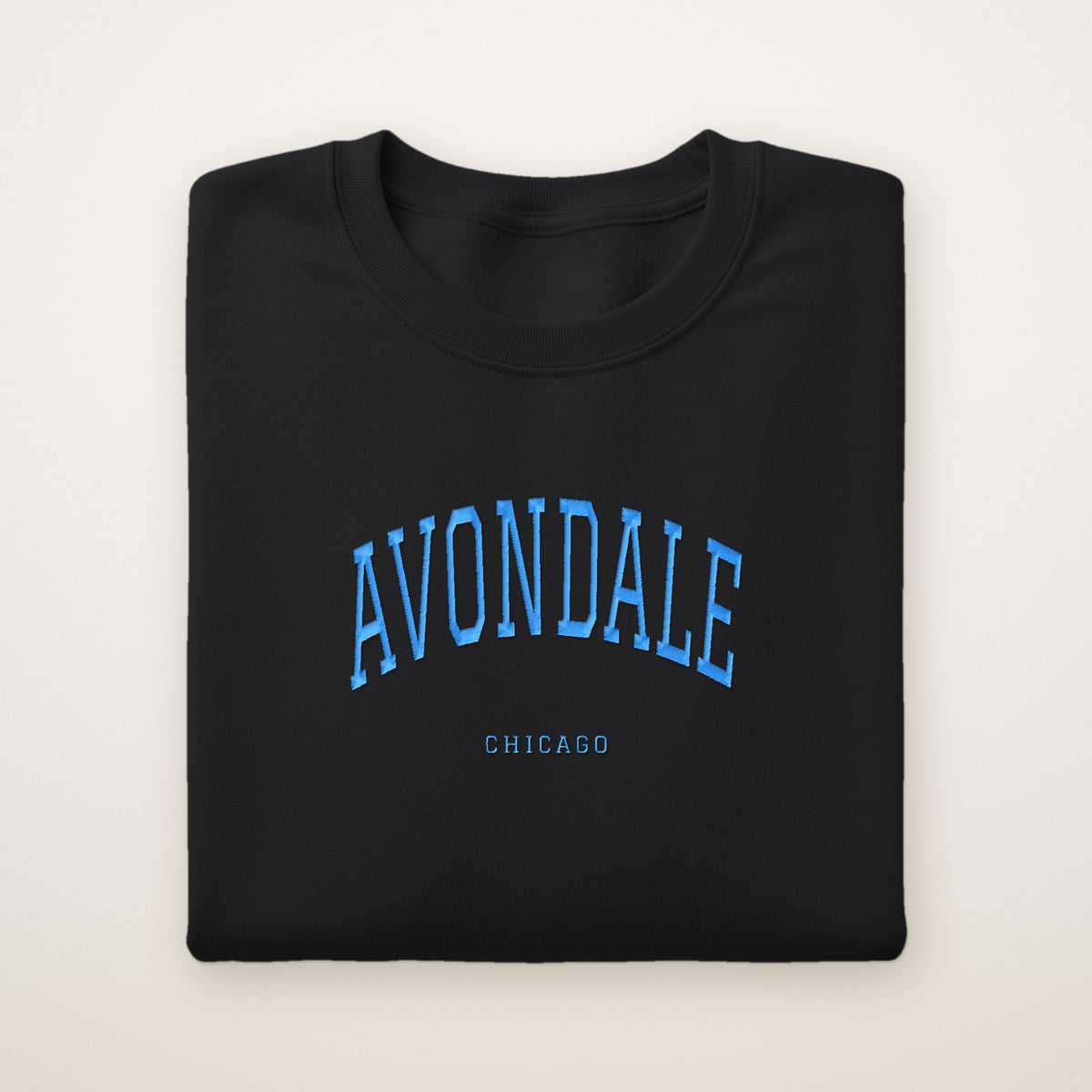 Avondale Chicago Embroidered Crewneck — Sky Blue Thread on Black