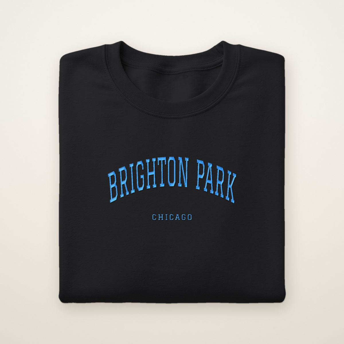 Brighton Park Chicago Embroidered Crewneck — Sky Blue Thread on Black