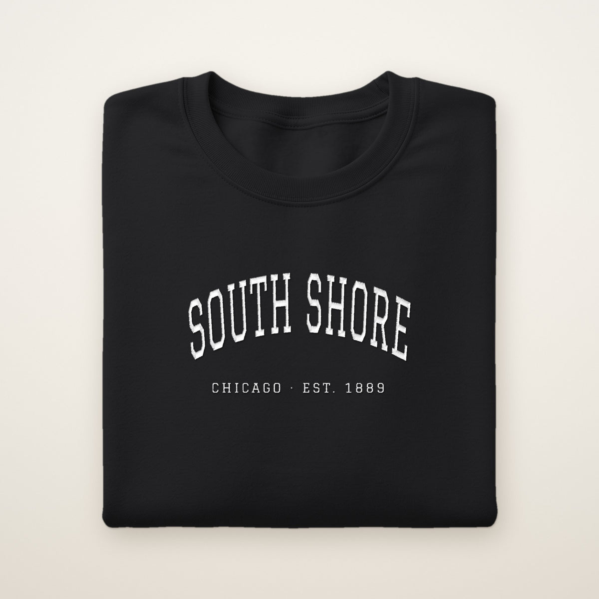 South Shore Chicago Embroidered Crewneck — White Thread on Black