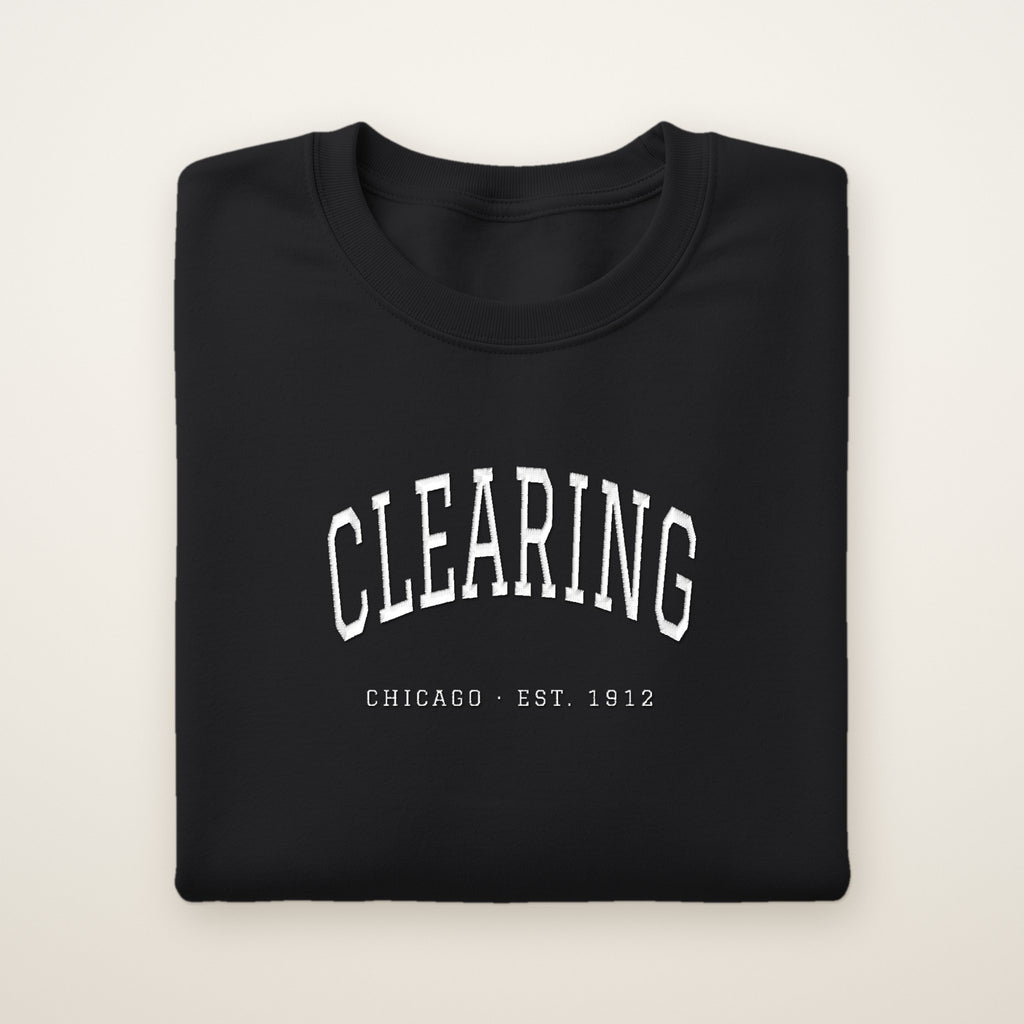 Clearing Chicago Embroidered Crewneck — White Thread on Black