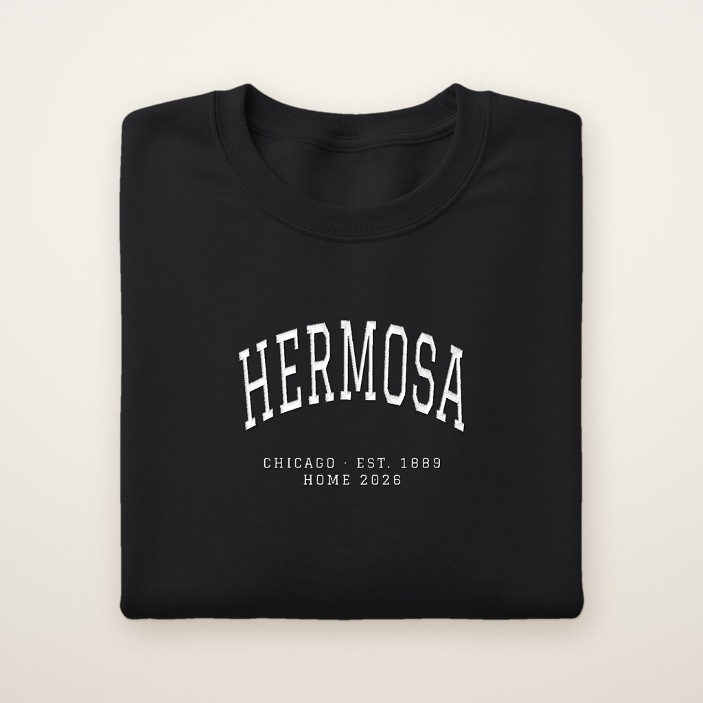 Hermosa Chicago Home 2026 Embroidered Crewneck — White Thread on Black