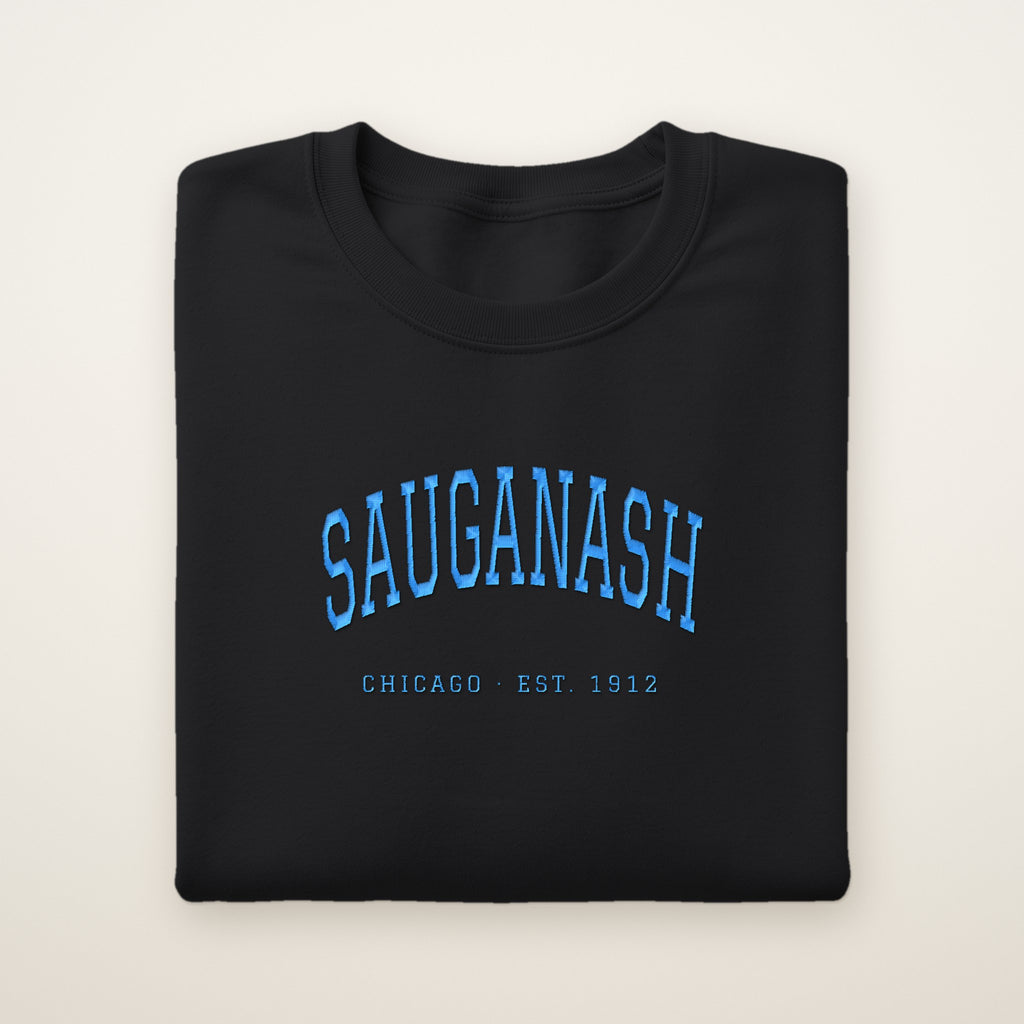 Sauganash Chicago Embroidered Crewneck — Sky Blue Thread on Black