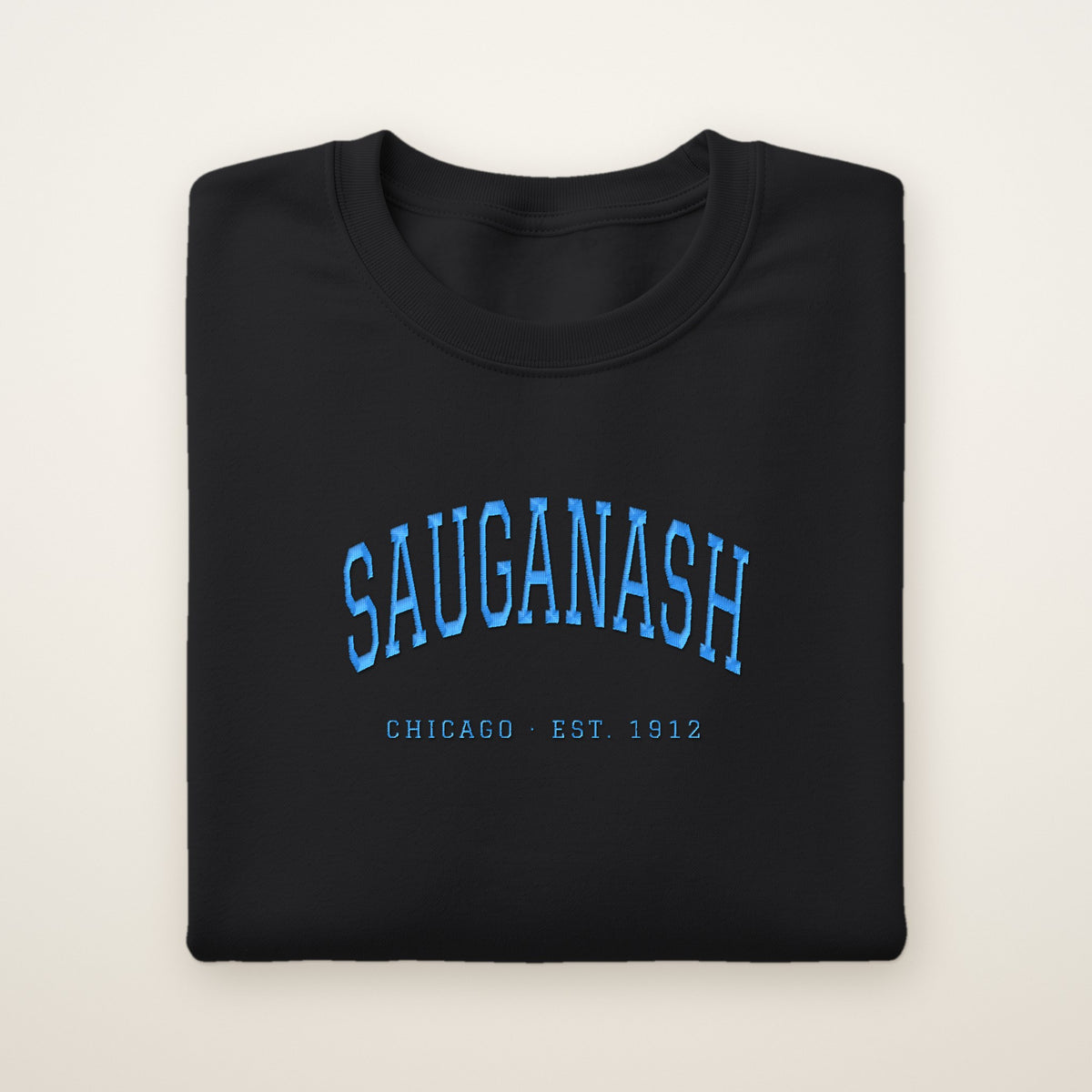 Sauganash Chicago Embroidered Crewneck — Sky Blue Thread on Black