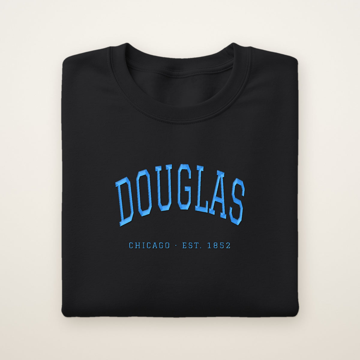 Douglas Chicago Embroidered Crewneck — Sky Blue Thread on Black