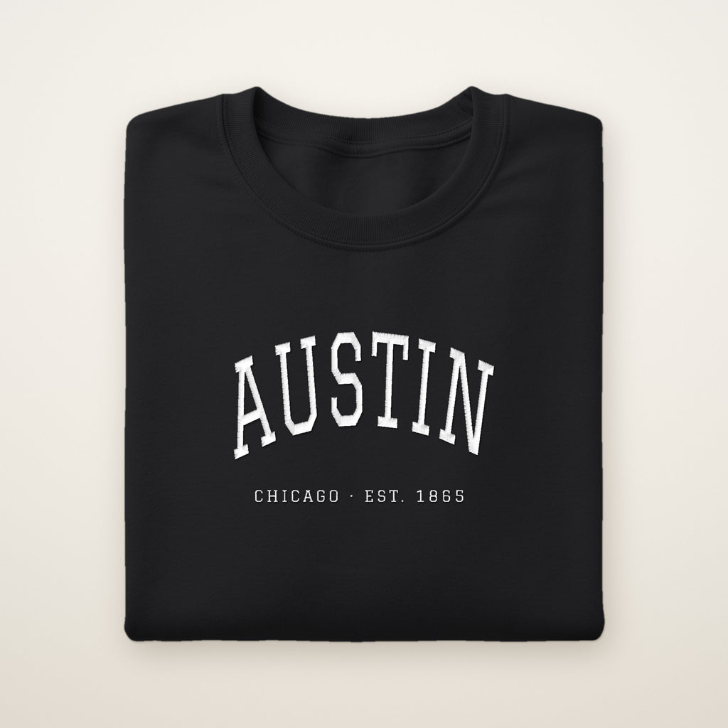 Austin Chicago Embroidered Crewneck — White Thread on Black