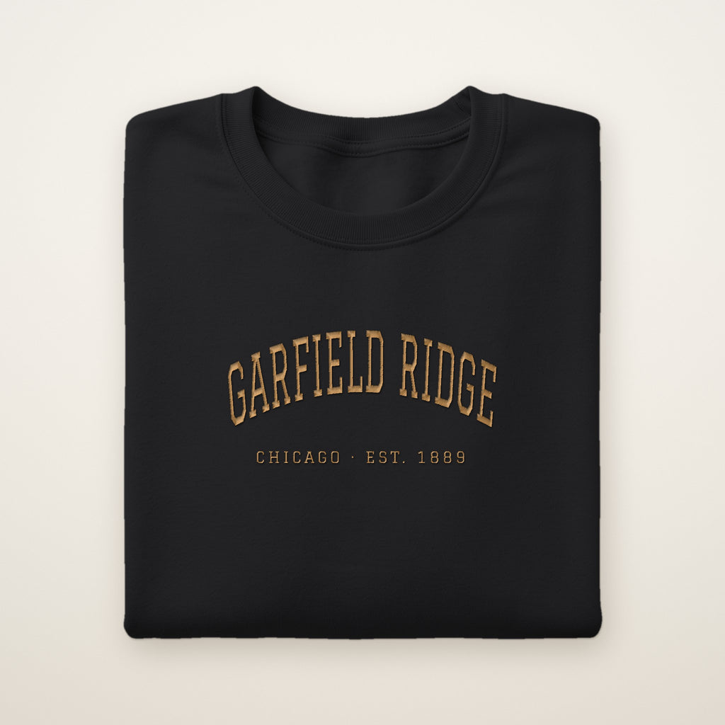 Garfield Ridge Chicago Embroidered Crewneck — Gold Thread on Black
