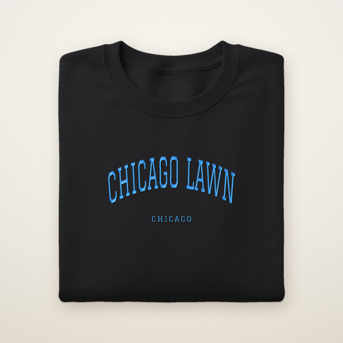 Chicago Lawn Chicago Embroidered Crewneck — Sky Blue Thread on Black