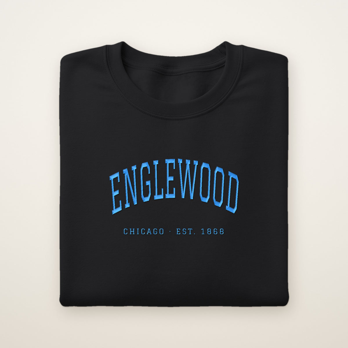 Englewood Chicago Embroidered Crewneck — Sky Blue Thread on Black