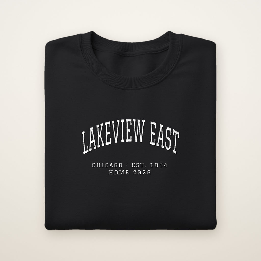 Lakeview East Chicago Home 2026 Embroidered Crewneck — White Thread on Black
