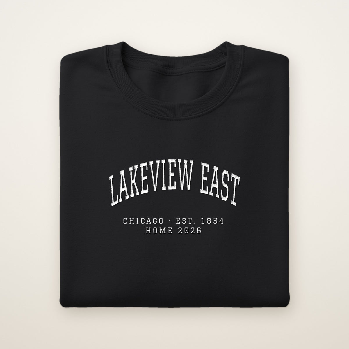 Lakeview East Chicago Home 2026 Embroidered Crewneck — White Thread on Black