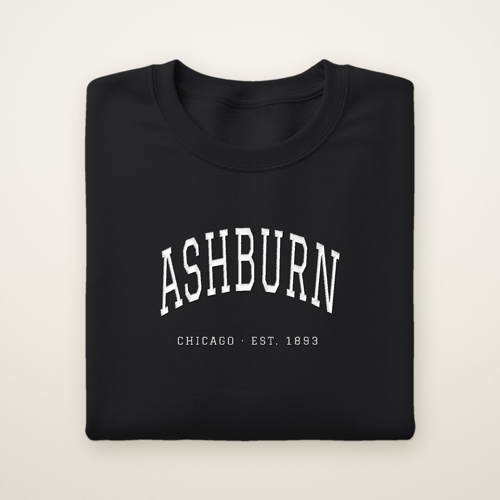 Ashburn Chicago Embroidered Crewneck — White Thread on Black