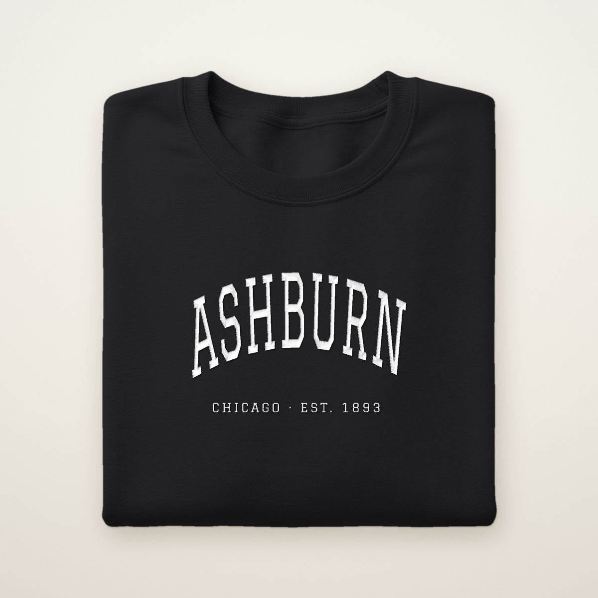 Ashburn Chicago Embroidered Crewneck — White Thread on Black