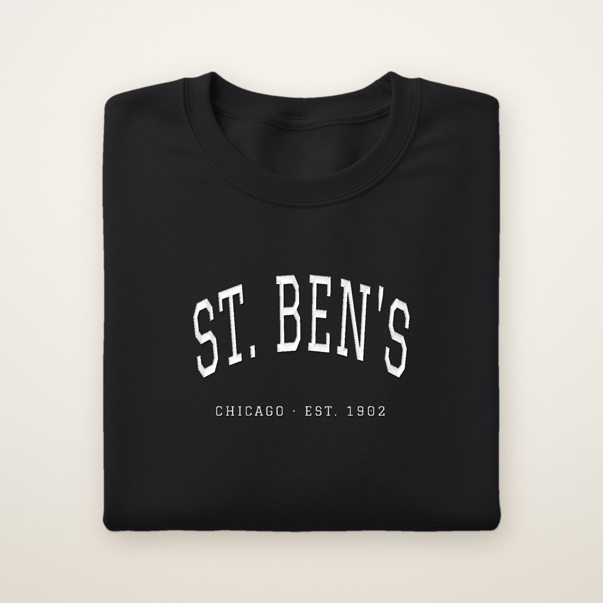 St. Ben's Chicago Embroidered Crewneck — White Thread on Black