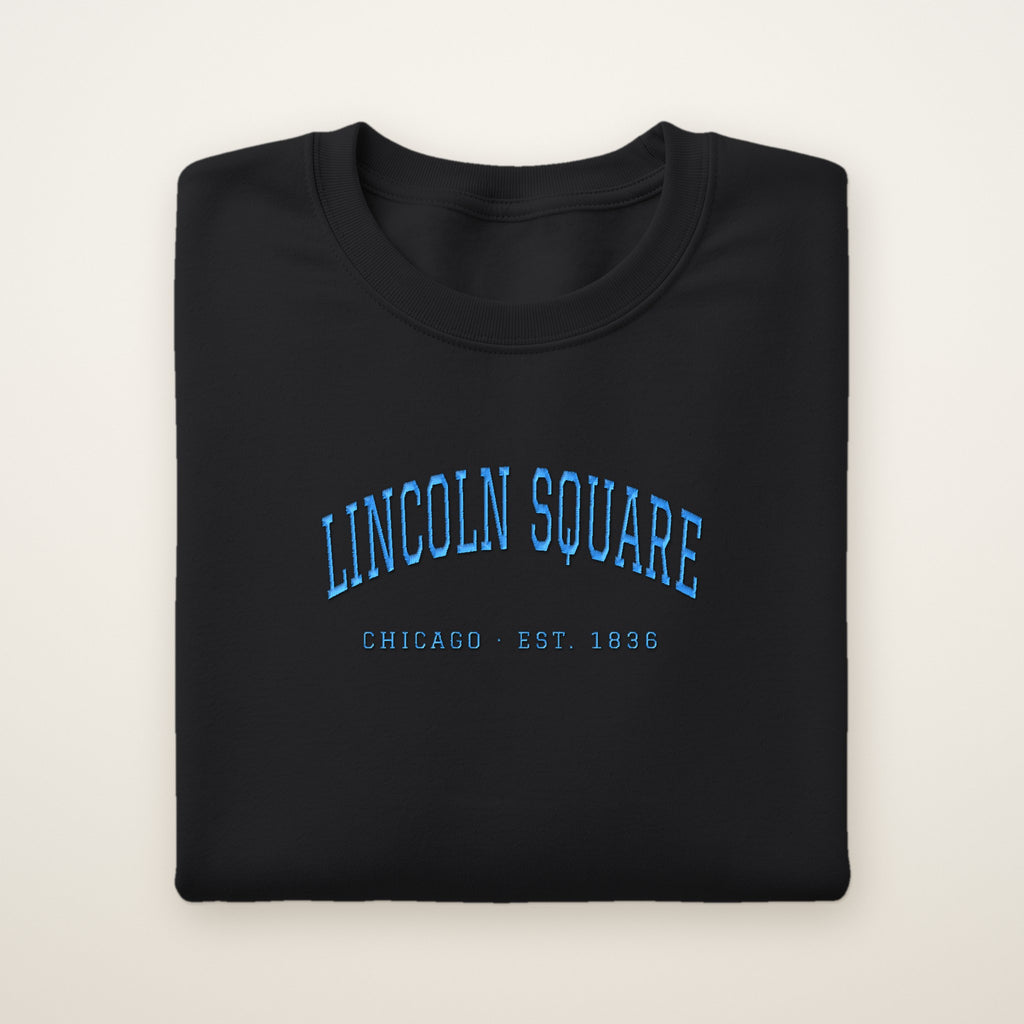 Lincoln Square Chicago Embroidered Crewneck — Sky Blue Thread on Black