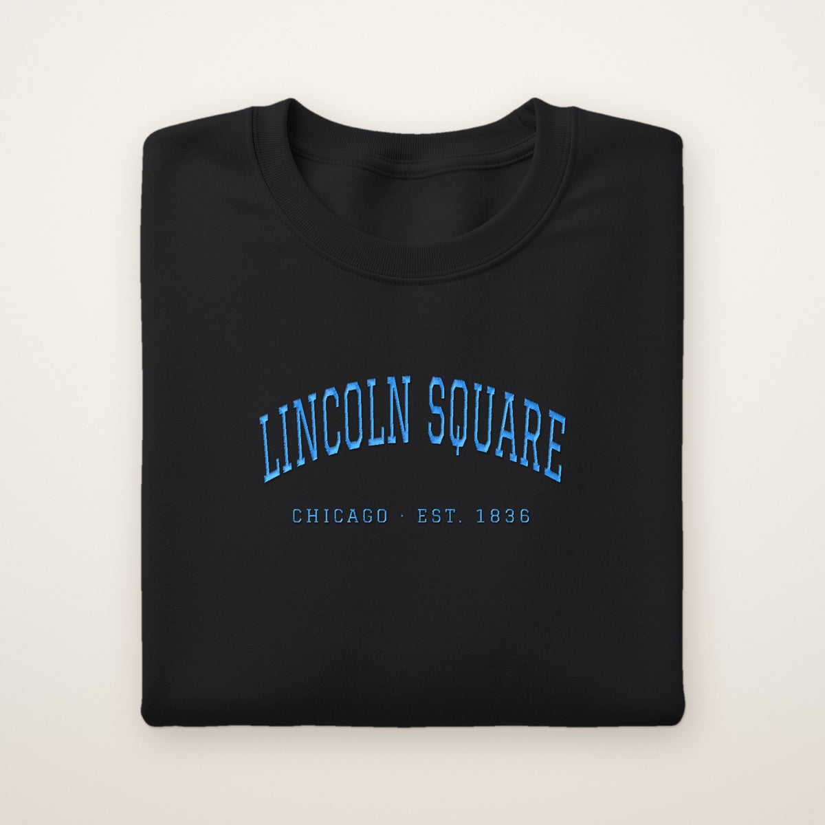 Lincoln Square Chicago Embroidered Crewneck — Sky Blue Thread on Black