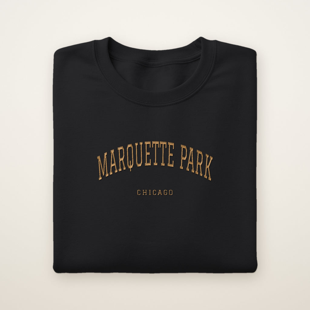 Marquette Park Chicago Embroidered Crewneck — Gold Thread on Black