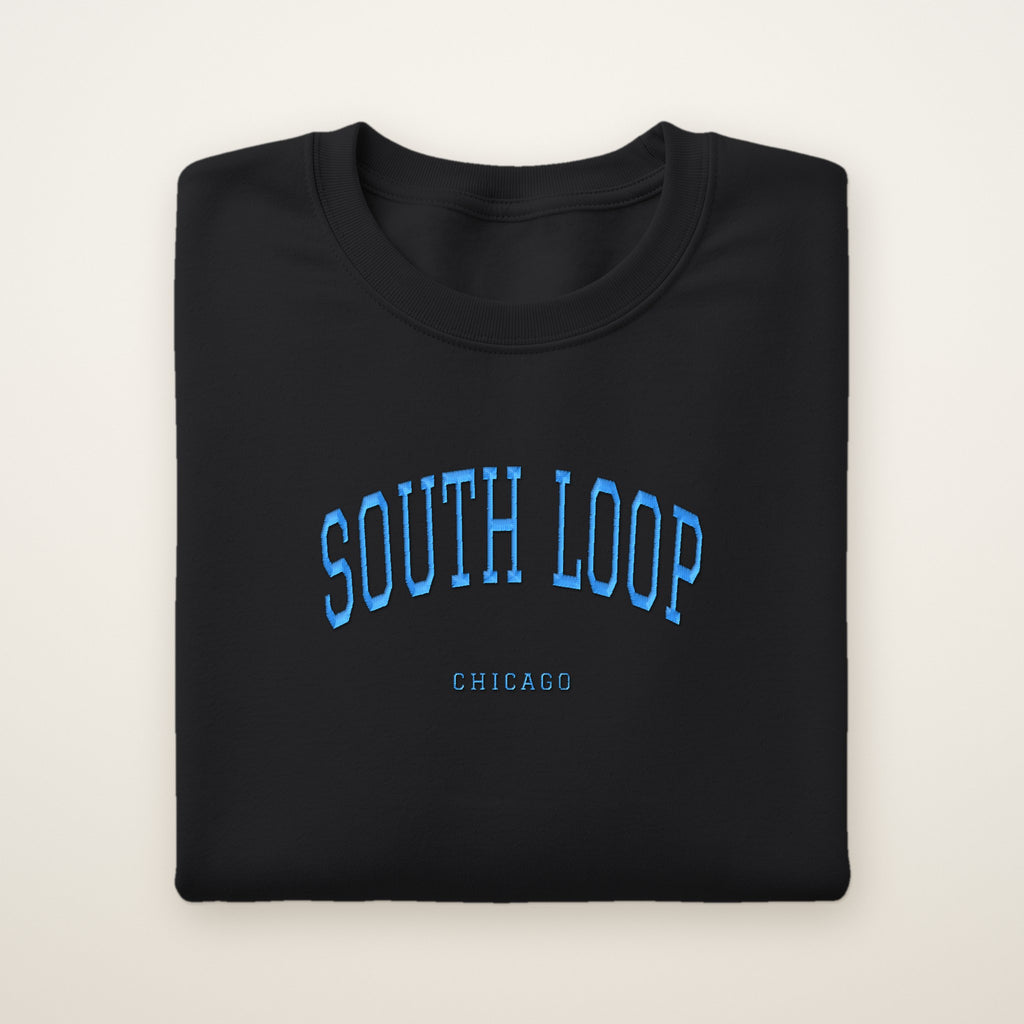 South Loop Chicago Embroidered Crewneck — Sky Blue Thread on Black