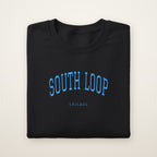 South Loop Chicago Embroidered Crewneck — Sky Blue Thread on Black
