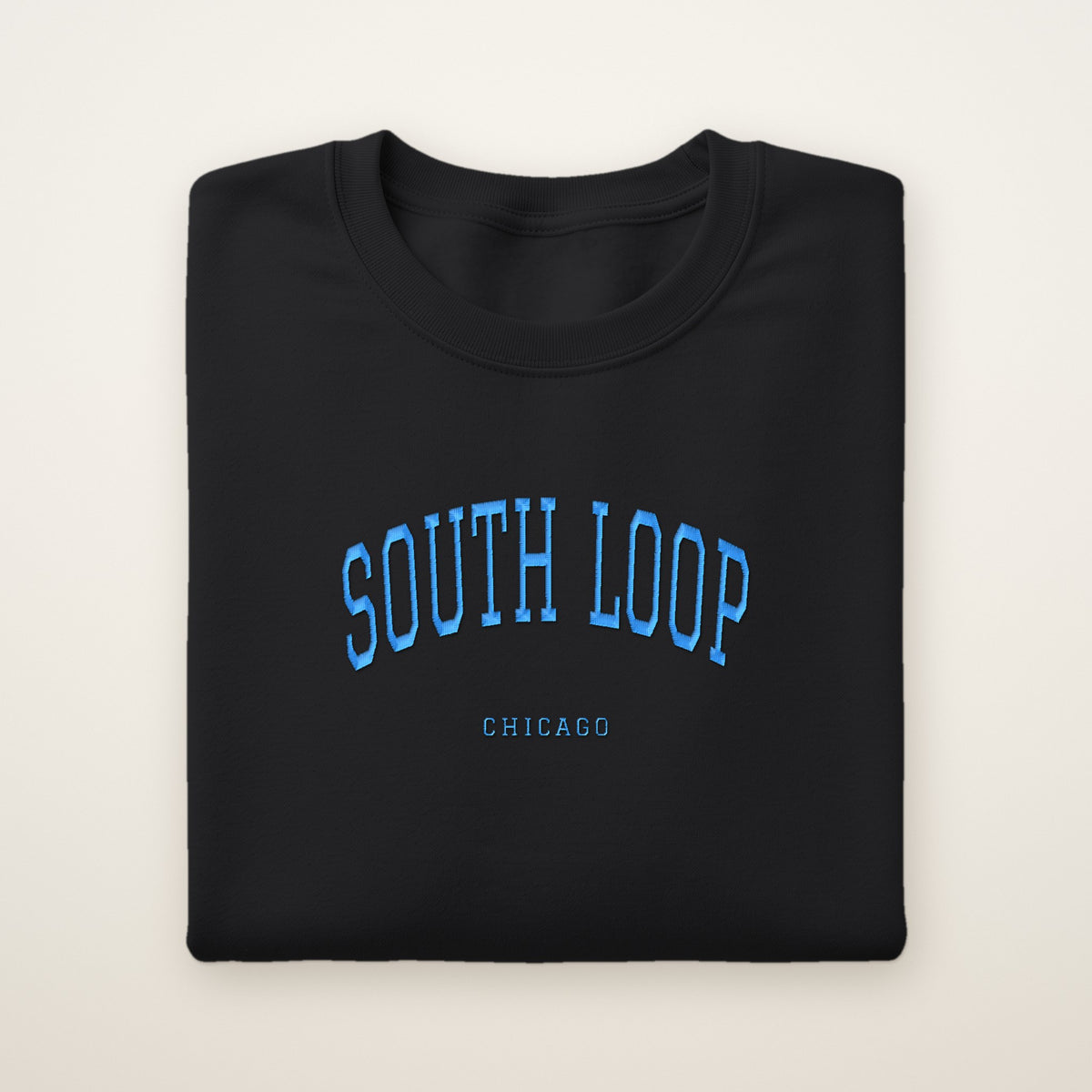 South Loop Chicago Embroidered Crewneck — Sky Blue Thread on Black
