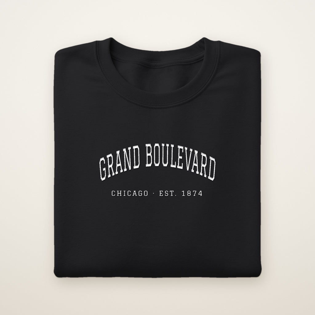 Grand Boulevard Chicago Embroidered Crewneck — White Thread on Black
