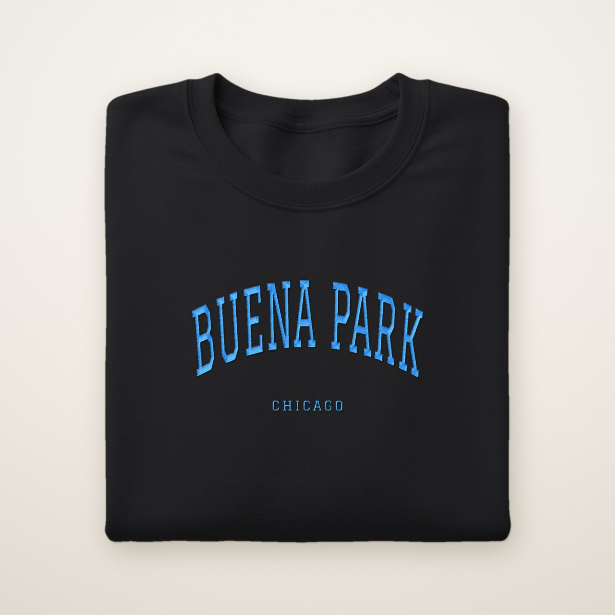 Buena Park Chicago Embroidered Crewneck — Sky Blue Thread on Black